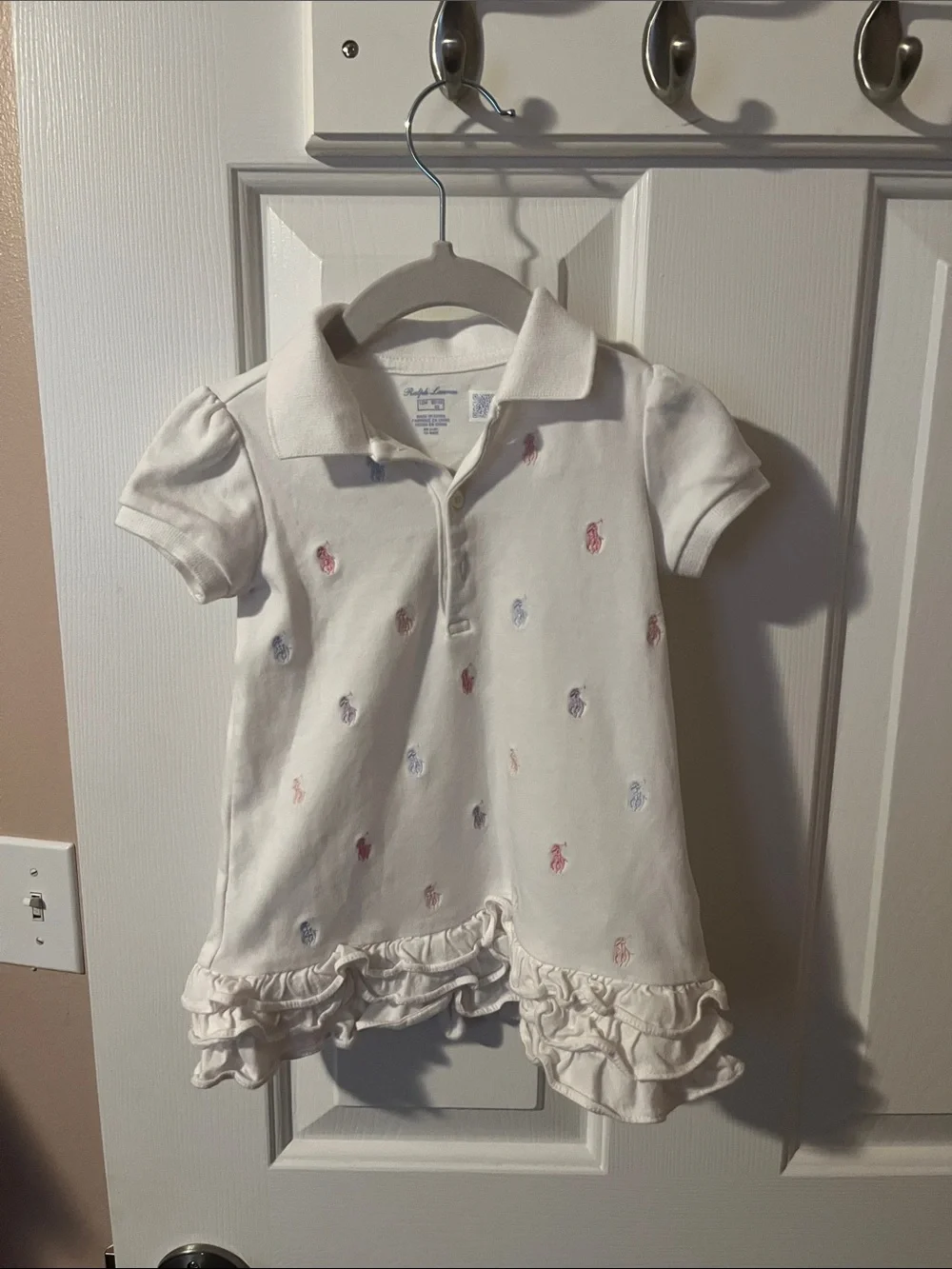 Ralph Lauren White Polo Dress with Multicolor Pony Embroidery and Ruffle Hem